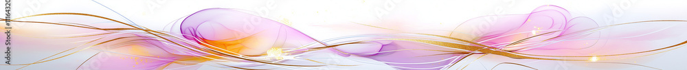 Poster a soft flowing abstract of pink and gold lines and shapes on white background.