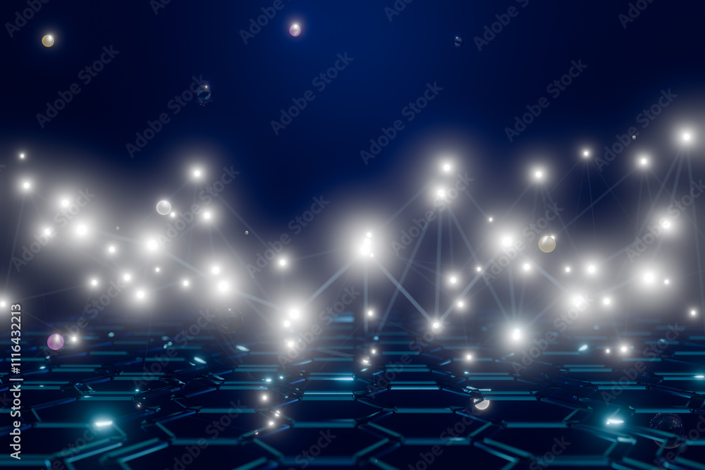 Poster abstract digital background with glowing lights and hexagonal patterns, evoking a futuristic atmosph