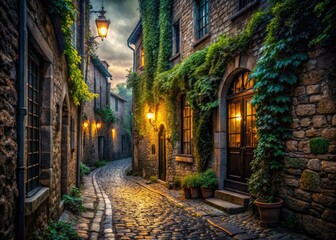 Fototapeta premium Mysterious narrow cobblestone alley, enveloped in shadows, revealing forgotten town's haunting beautyâ€”captivating architectural photography that tells stories of a time long past.