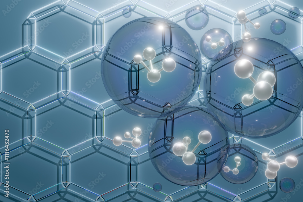 Poster abstract representation of molecular structures with bubbles and hexagons, showcasing scientific con