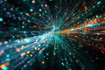 Fototapeta premium Colorful particles streak through a digital environment, creating a dynamic sense of movement and depth. This futuristic display captures energy and innovation.