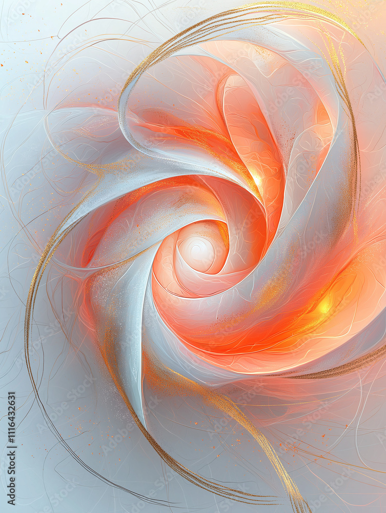 Poster a soft flowing abstract of pink and gold lines and shapes on white background.