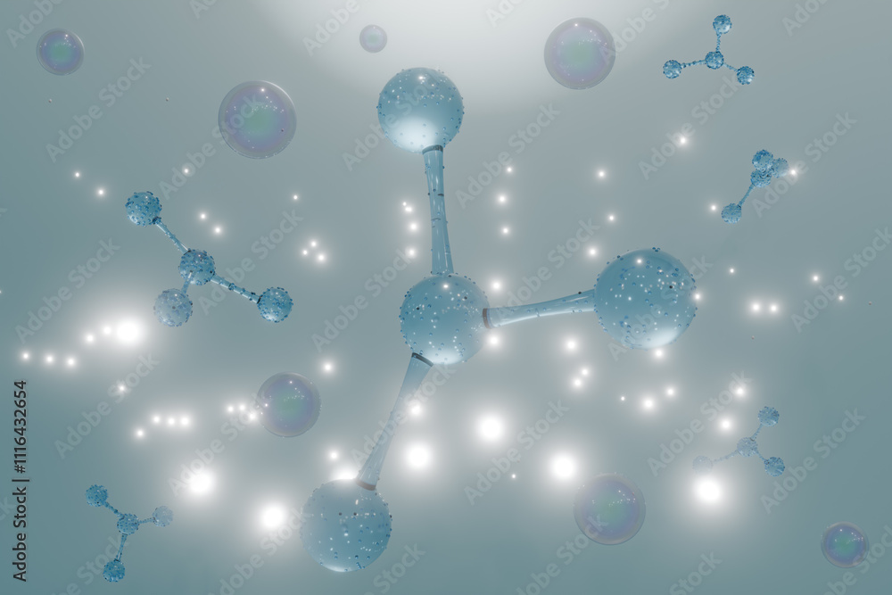 Poster abstract representation of molecules and atoms, showcasing scientific themes and concepts related to