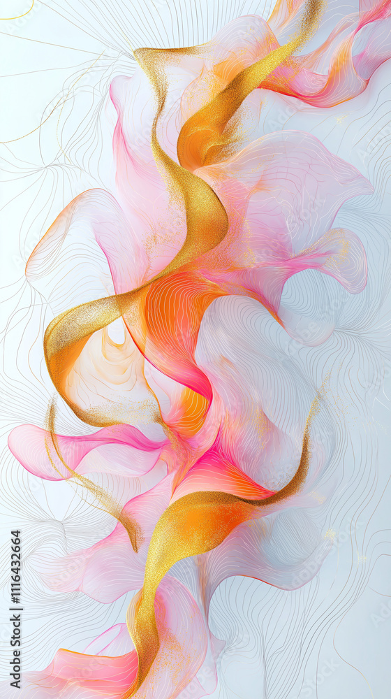 Wall mural a soft flowing abstract of pink and gold lines and shapes on white background.