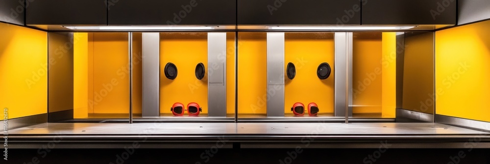 Poster a modern, minimalistic space with yellow walls and red objects, possibly for storage or display.
