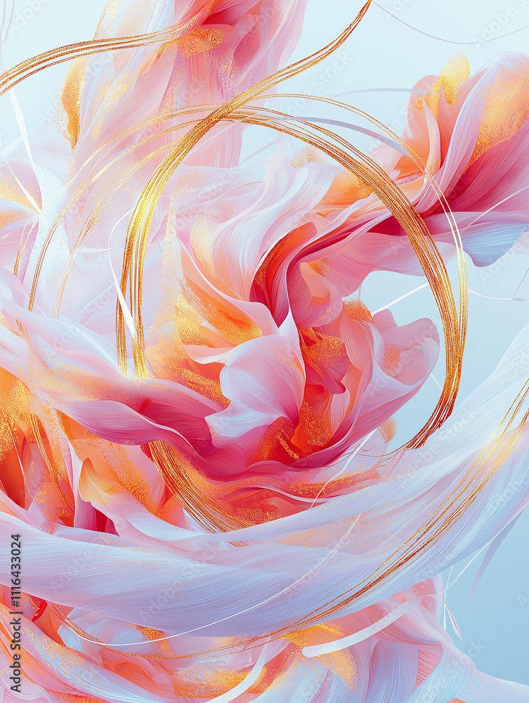 Poster a soft flowing abstract of pink and gold lines and shapes on white background.