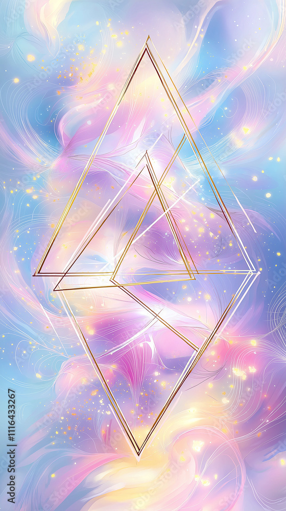 Poster a soft flowing abstract of pink and gold lines and shapes on white background.