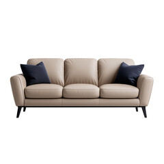 Fototapeta premium Modern beige leather sofa with navy blue pillows isolated on a transparent background