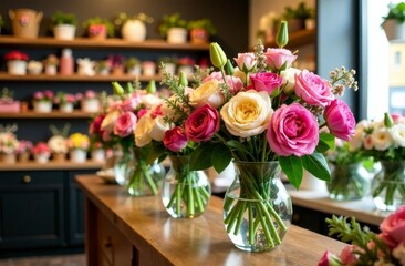 Obraz premium Bouquets of various flowers in glass vases are displayed for sale on the counter of a flower shop. The concept of a flower shop and delivery.