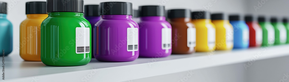 Poster a vibrant row of paint jars in various colors arranged neatly on a shelf, showcasing a spectrum of h