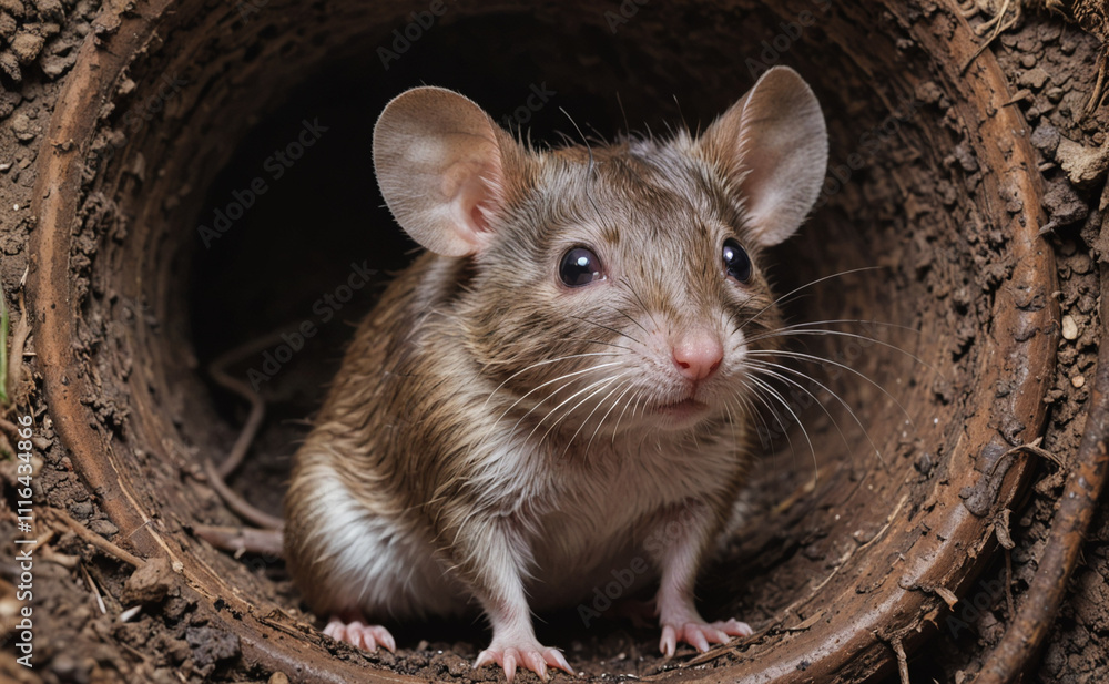 Aufkleber small brown mouse is standing in a hole. it has a black nose and is looking at the camera