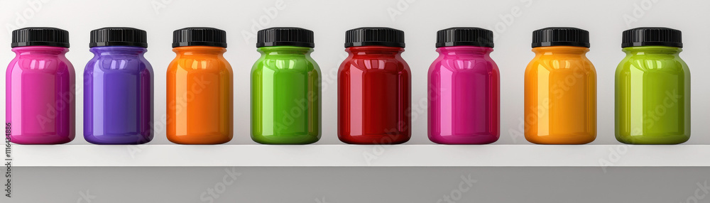 Poster a vibrant row of colorful jars filled with paint, showcasing a spectrum of hues on a simple shelf.