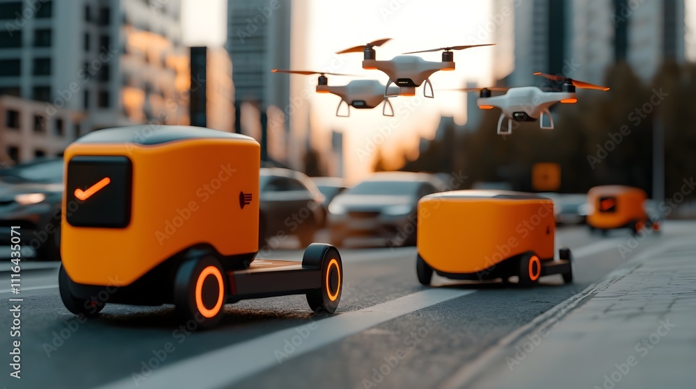 Aufkleber autonomous delivery robots and aerial drone fleets navigating busy city streets optimizing smart cit
