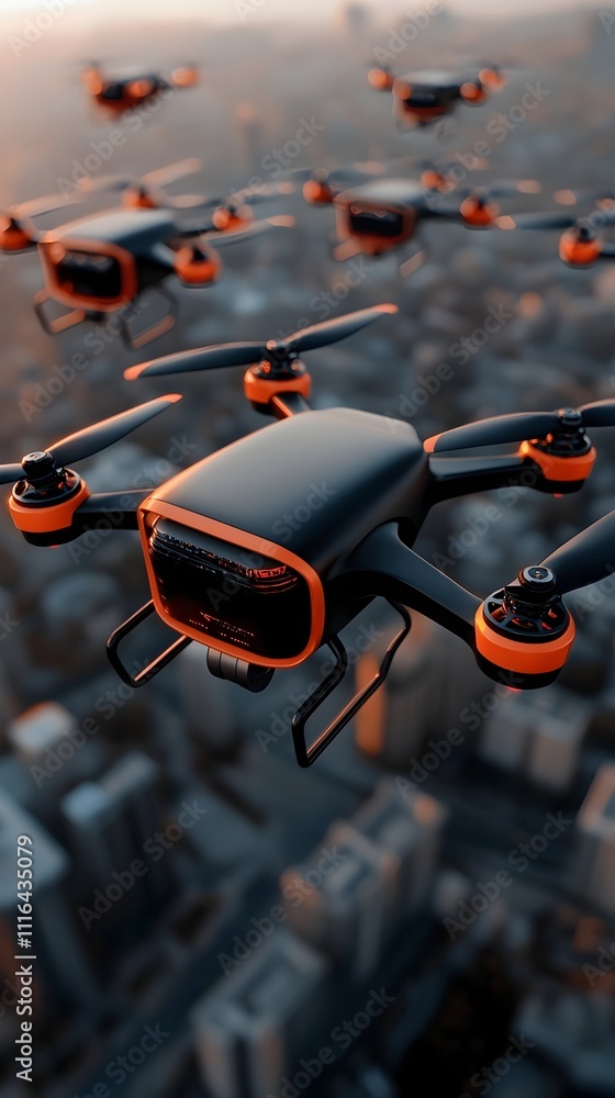Poster a fleet of cutting edge delivery drones navigating a modern high tech cityscape with precision and e