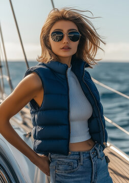 A beautiful woman with a bob-cut brunette hairstyle and sunglasses stands on the deck of an elegant sailboat. She wears a blue puffer vest over a white tight-fitting top and jeans.