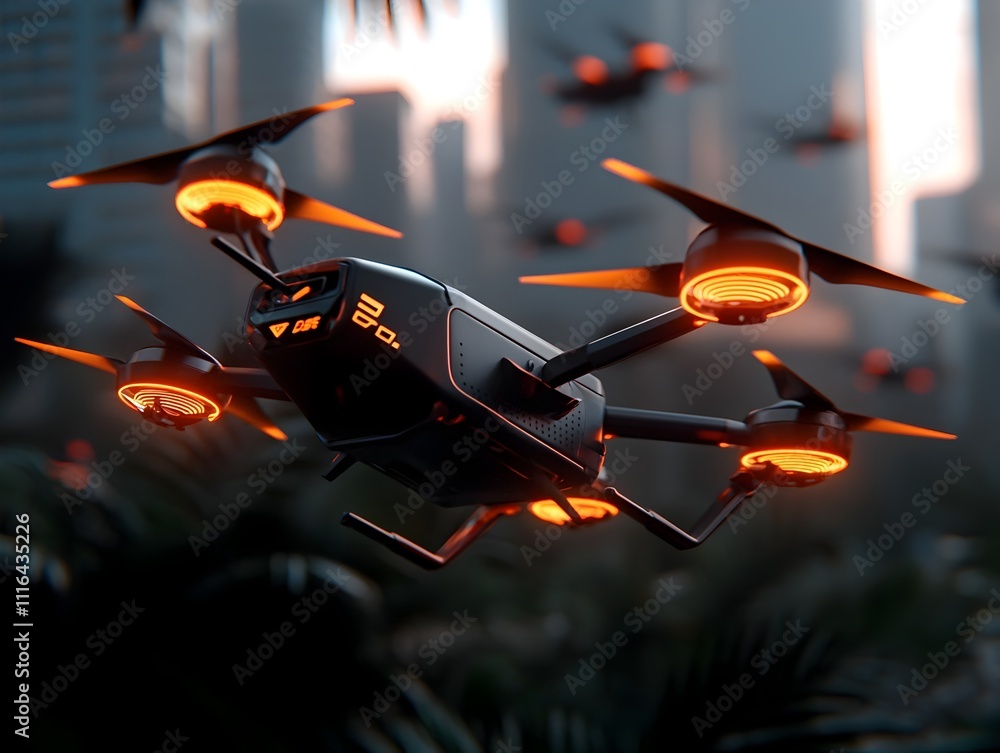 Aufkleber a fleet of highly advanced delivery drones weaving gracefully through a neon tinged futuristic citys
