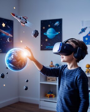 Young Boy Enjoying Virtual Reality Experience with Earth and Space Elements