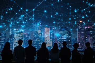Naklejka premium City skyline viewed at night with digital connections and silhouettes of observers