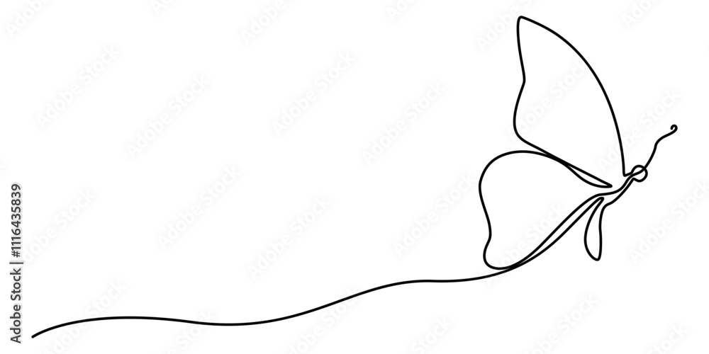 Poster butterfly in one continuous line drawing, butterfly in one continuous line drawing. beautiful flying
