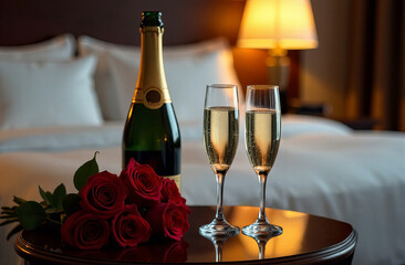 A bottle of champagne, two glasses and a bouquet of roses are on the table in the hotel against the background of the bed. The concept of a hotel date.