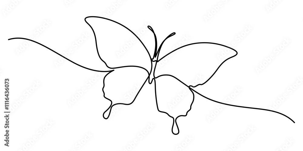 Poster butterfly in one continuous line drawing, butterfly in one continuous line drawing. beautiful flying