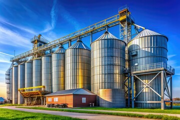 Obraz premium Photographs capture an agricultural silo at a feed mill factory, showcasing its design for efficient grain storage and feed manufacturing in a functional industrial setting.