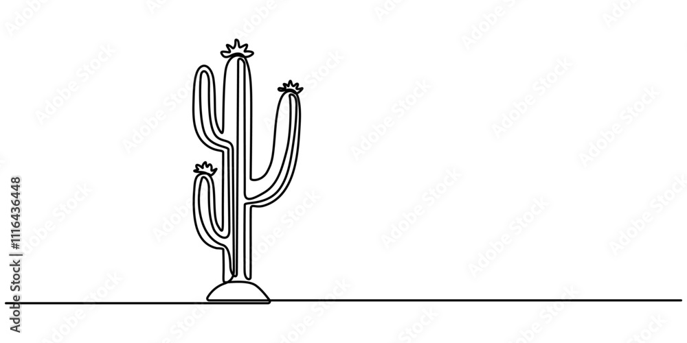 Aufkleber Cactus on the top continuous one line drawing Black and White Sketch House Plants Isolated on White Background, Vector continuous one simple single abstract silk line drawing of cactus isolated on. 