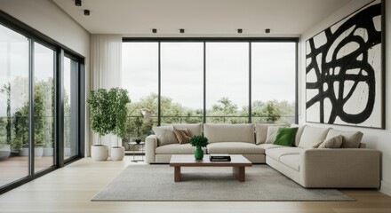 Fototapeta premium spacious, modern living room featuring a minimalist design