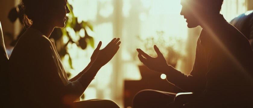 In soft light, a couple engages in a heartfelt conversation, silhouetted against a window as morning light filters through, capturing warmth and connection.