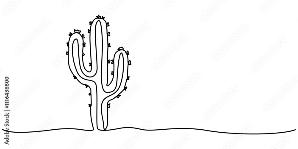 Fototapete cactus on the top continuous one line drawing black and white sketch house plants isolated on white 