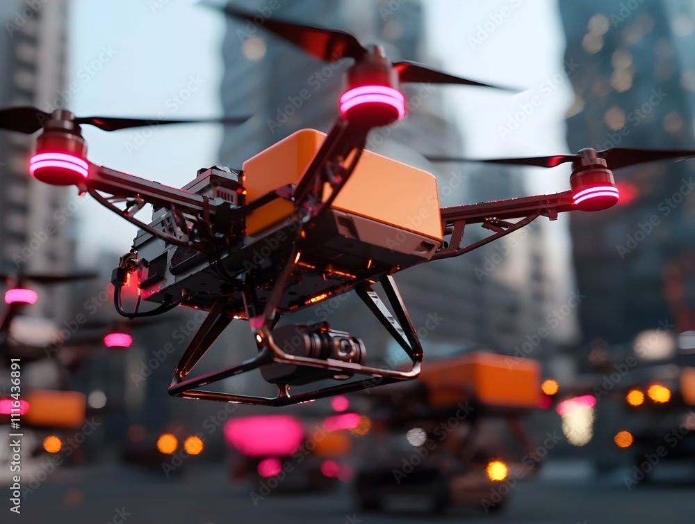 Poster a fleet of angular chrome accented delivery drones weaving through a stylized low poly 3d rendering 