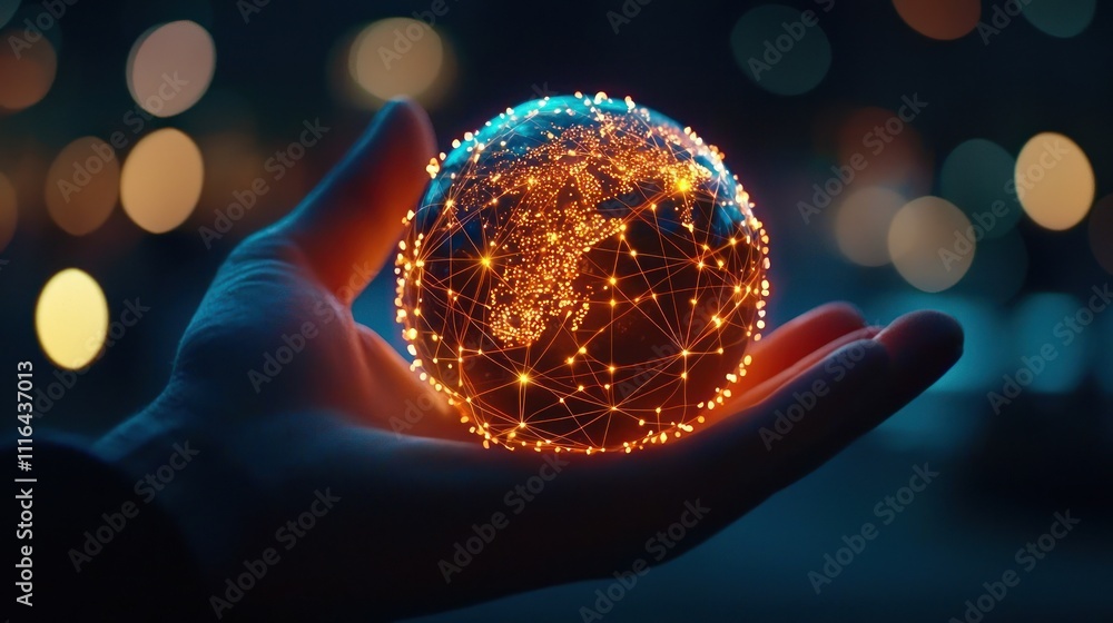 Poster a glowing sphere representing earth held in a hand, symbolizing connectivity and global unity agains