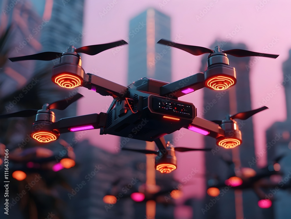 Poster a fleet of sleek angular delivery drones weaving through a towering neon tinged futuristic cityscape