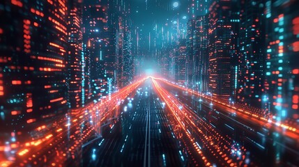 Obraz premium 3D Rendering of abstract highway path through digital binary towers in city. Concept of big data.