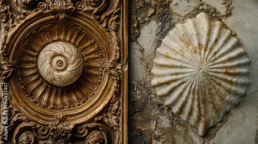 Poster intricate shell patterns against textured wall surfaces highlighting natural beauty and ornate desig