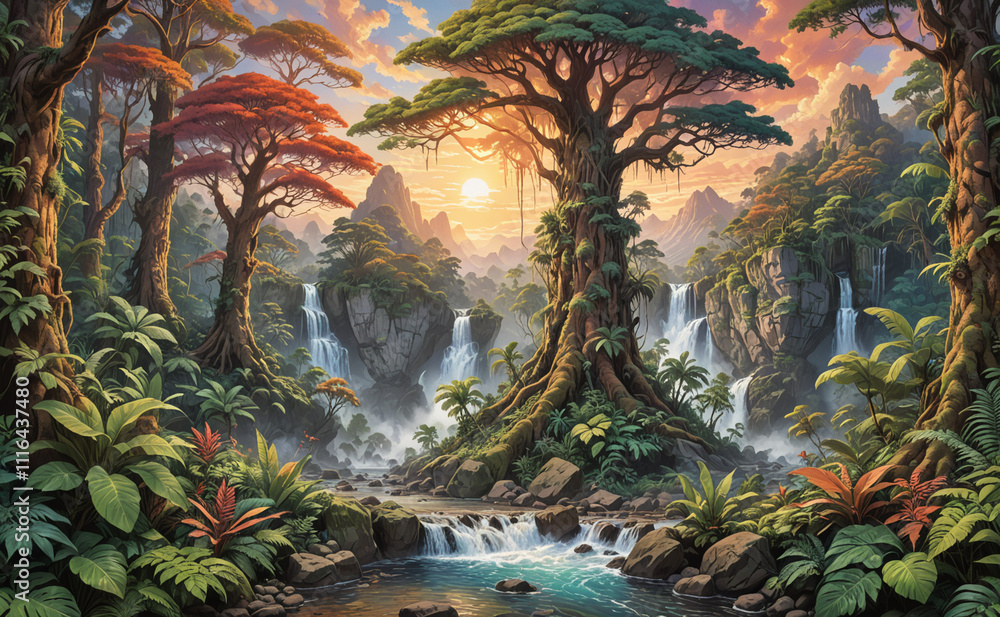 Poster A painting of a forest with a waterfall and a tree with a large trunk. The painting has a serene and peaceful mood, with the sun setting in the background