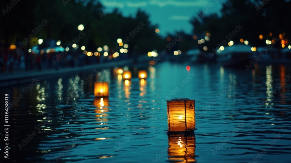 Poster lanterns float on a serene river at dusk, creating a tranquil and enchanting atmosphere.