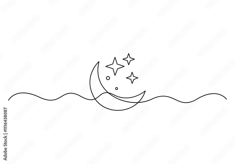 Poster continuous line drawing of moon with star. ramadan kareem banner in simple linear style. sleep and n
