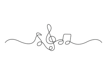 Music, continuous line drawing. Print design. Note, treble clef vector illustration
