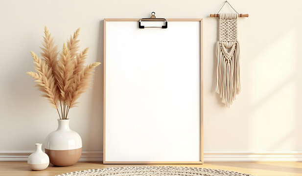 A cozy boho-themed setup with a blank clipboard frame, pampas grass in a dual-tone vase, a small ceramic vase, a macram&eacute; wall hanging, and a woven rug in a neutral, sunlit room.