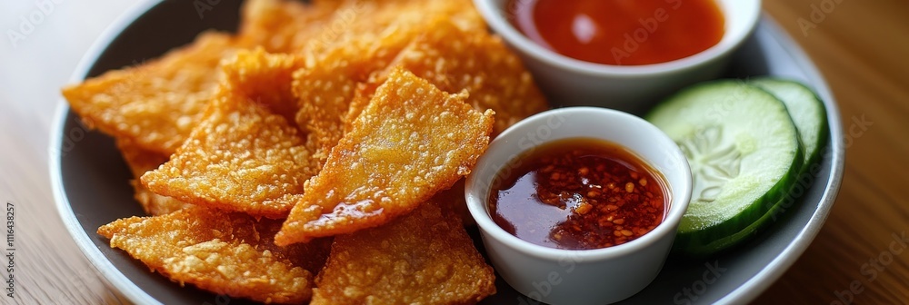 Aufkleber crispy fried triangles served with two dipping sauces and cucumber slices.