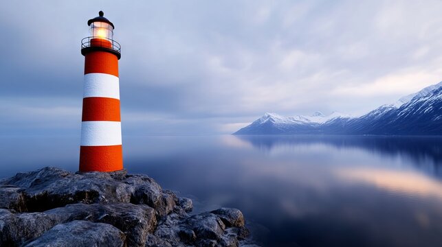 A red and white lighthouse sitting on top of a rocky shore