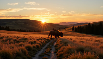 Majestic bison wanders through golden grasslands at sunset in serene wilderness landscape