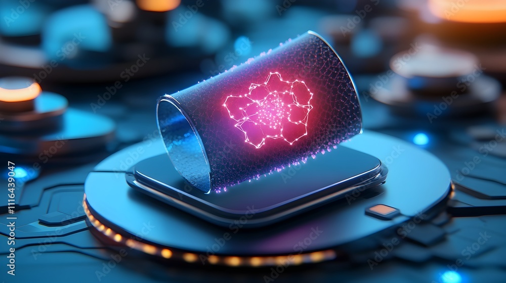 Poster cutting edge 3d rendered showcasing a flexible display technology utilizing advanced graphene materi
