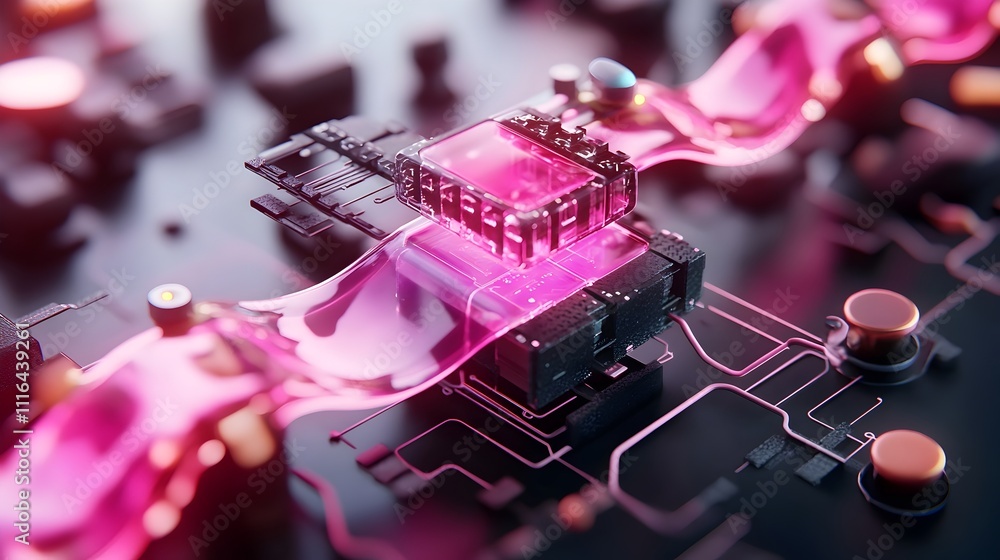 Poster a 3d rendered showcasing a flexible graphene based circuit design with translucent bendable electron