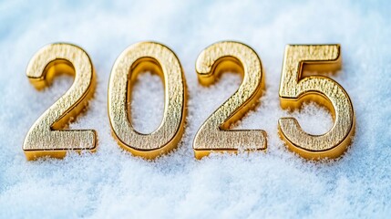 Golden numbers in the snow with the number 2025 written on them
