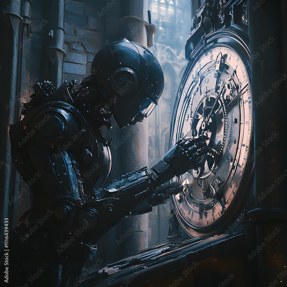 Aufkleber robot adjusting ancient clock mechanism futuristic setting digital art industrial environment close-