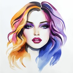 Obraz premium fashion watercolor style brushstroke concept A vibrant, artistic portrait of a woman with colorful hair and striking features.