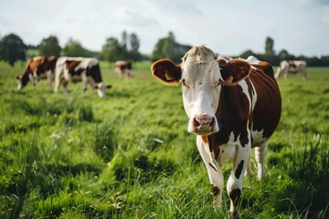 brown and white cow stands in a grassy field, with others grazing in the background