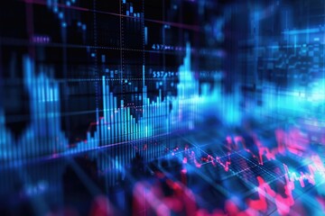 futuristic blue and red digital graph with fluctuating bars and lines on a grid background